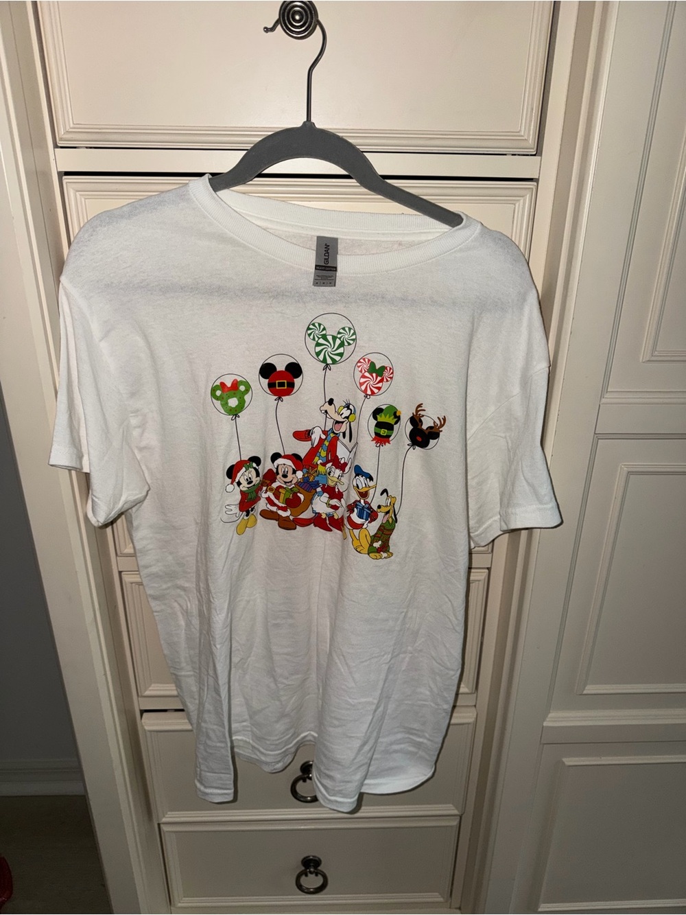 Gildan White Short-Sleeve Tee with Colorful Disney Character Balloons